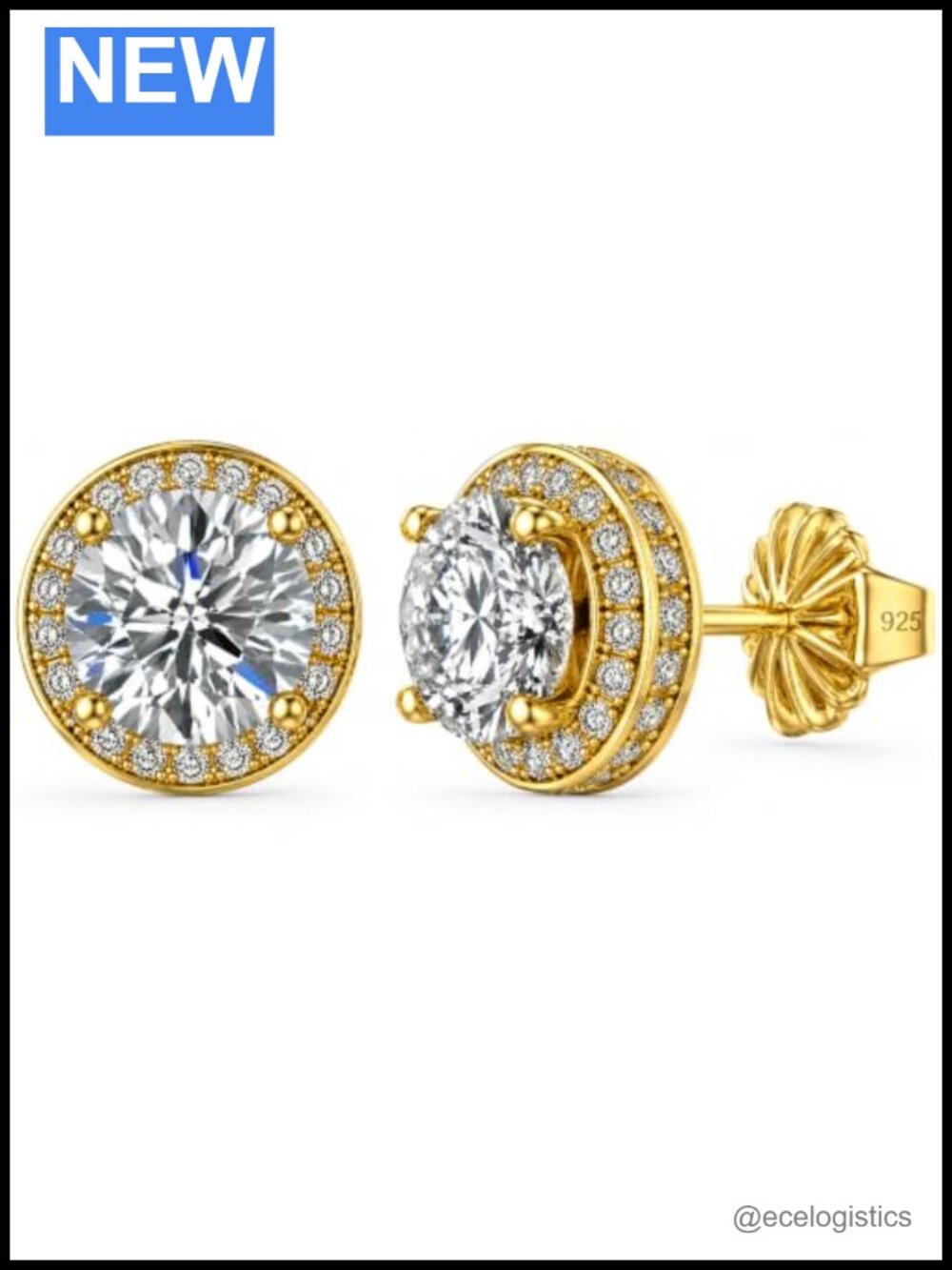 Sterling Silver Yellow Gold Plated Round Halo Stud Earrings Zirconia